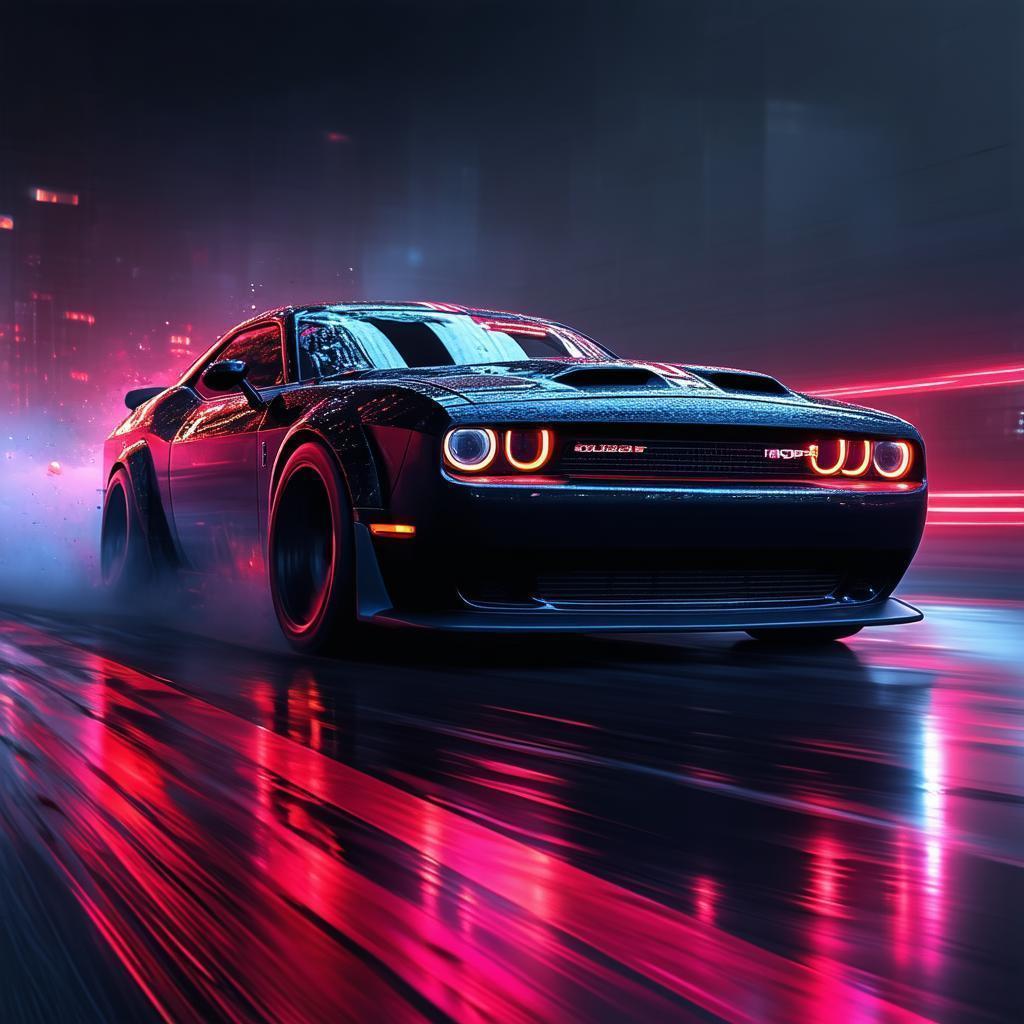 Speeding Dodge Challenger in Neon Cyberpunk Night