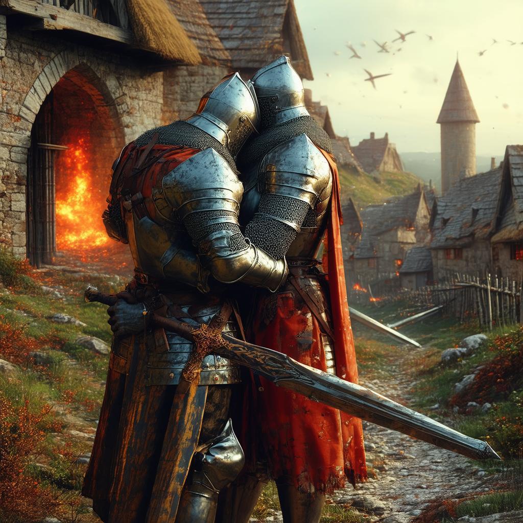 Medieval Knights Embracing Beneath an Exploding Universe