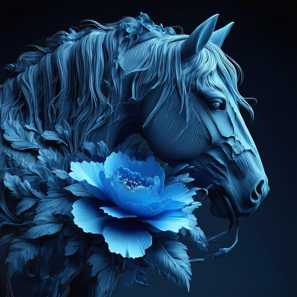 3D Horse Chewing a Volumetric Blue Flower