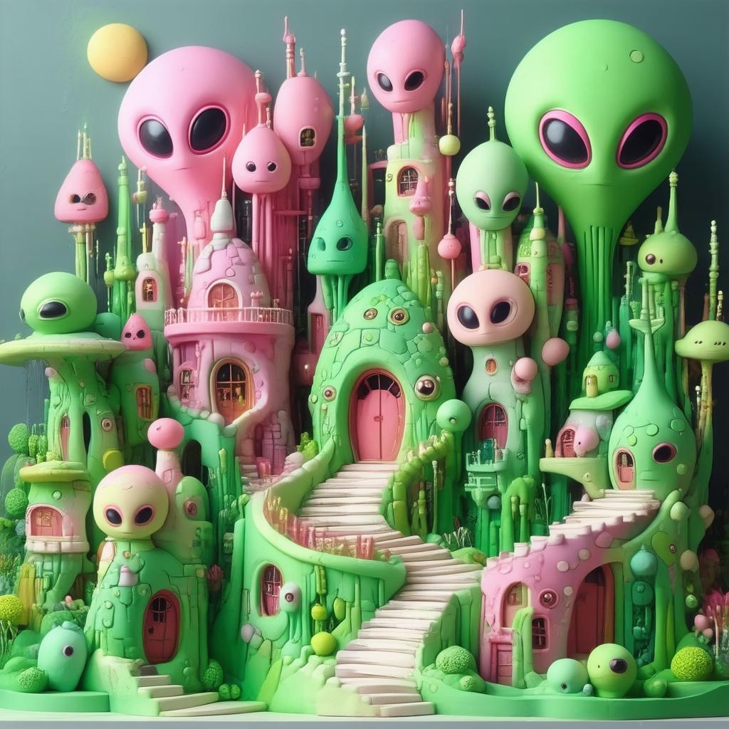 Whimsical Claymation Alien City in Pink and Green
