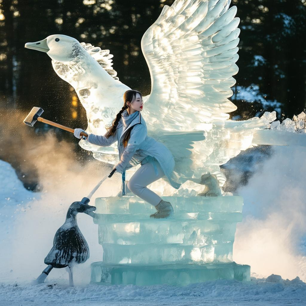 Anime Woman Shattering an Ice Goose Sculpture