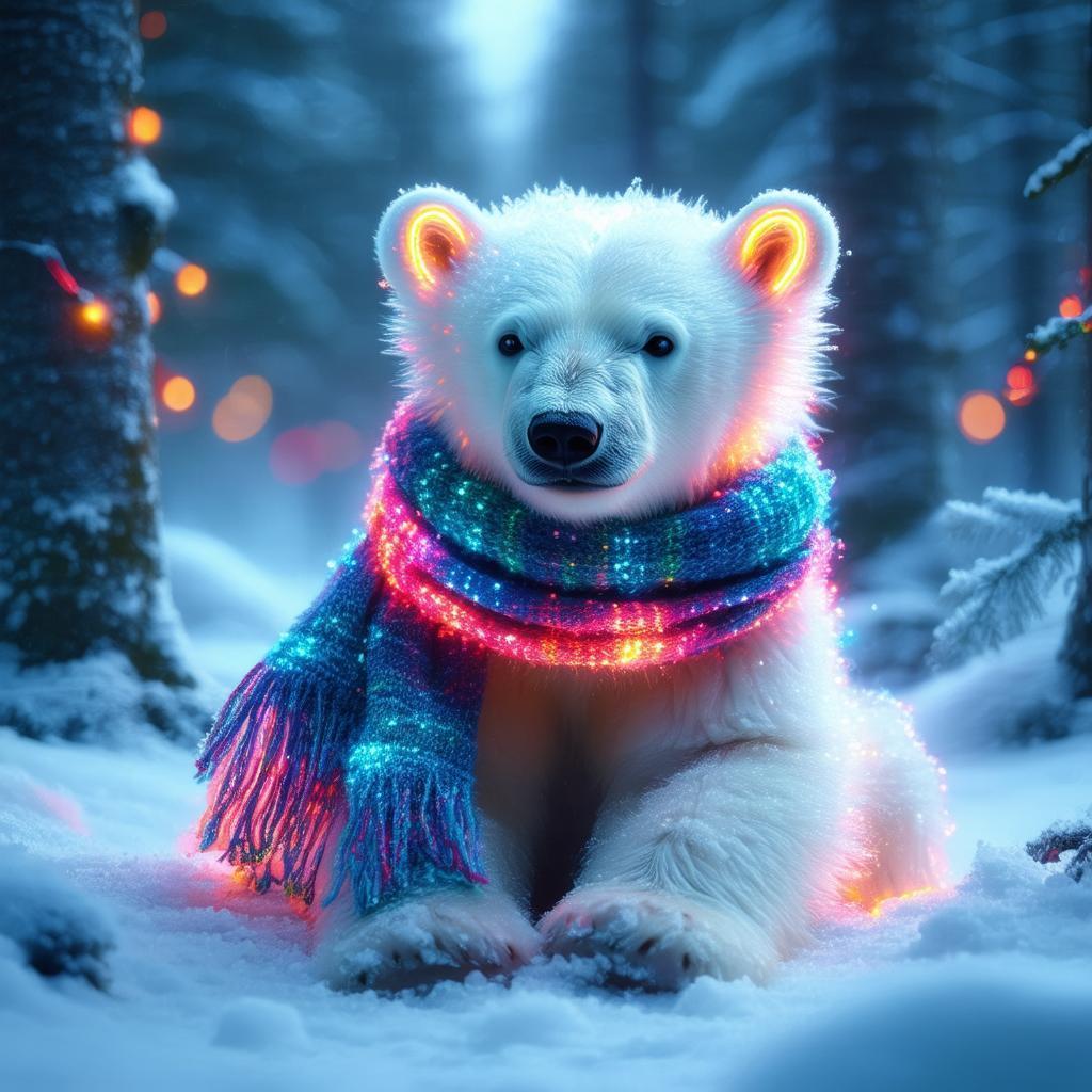 Neon Polar Bear Cub in Snowy Forest