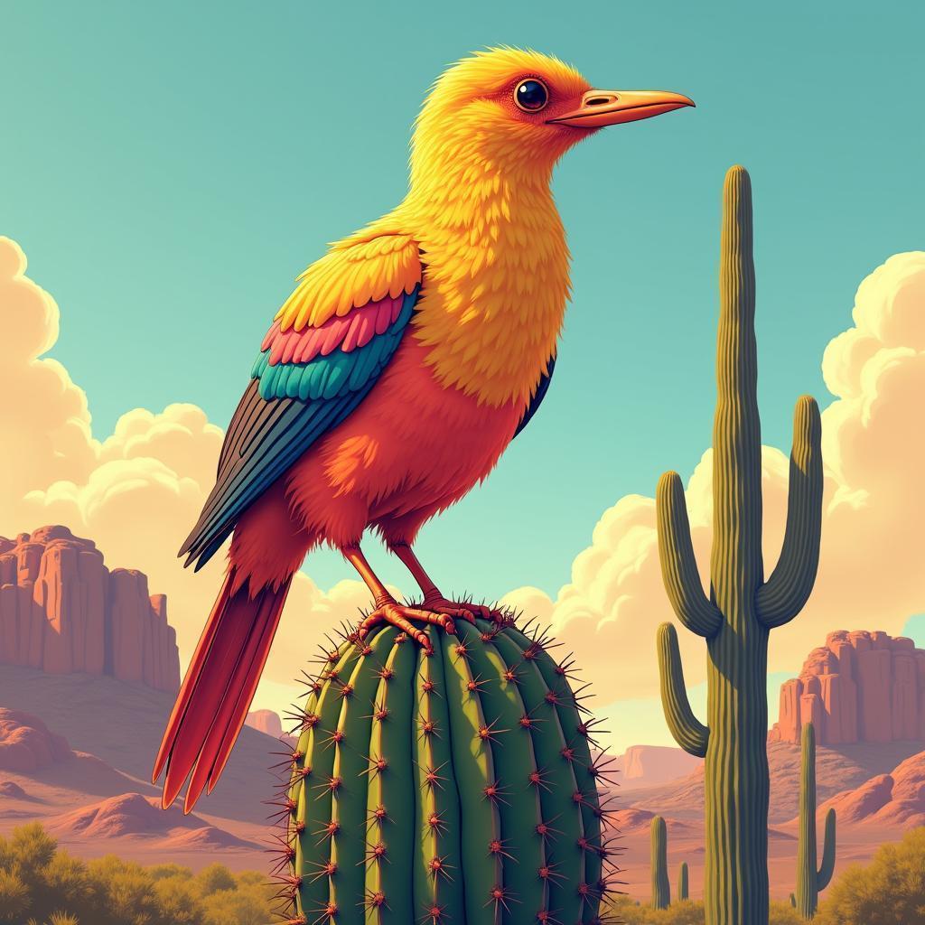 Anime Dodo Perched on a Saguaro Cactus
