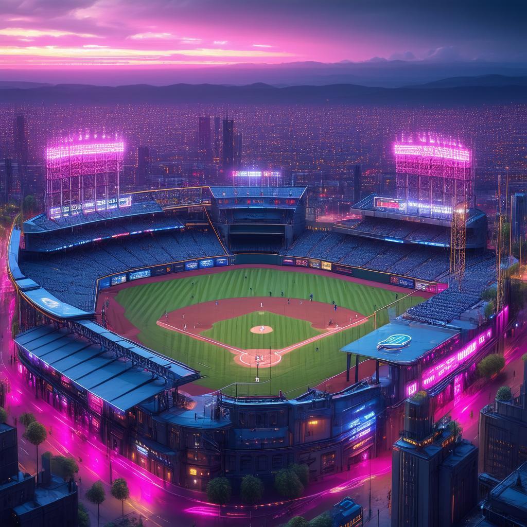 Aerial Neonpunk Baseball Stadium in Magenta Glow