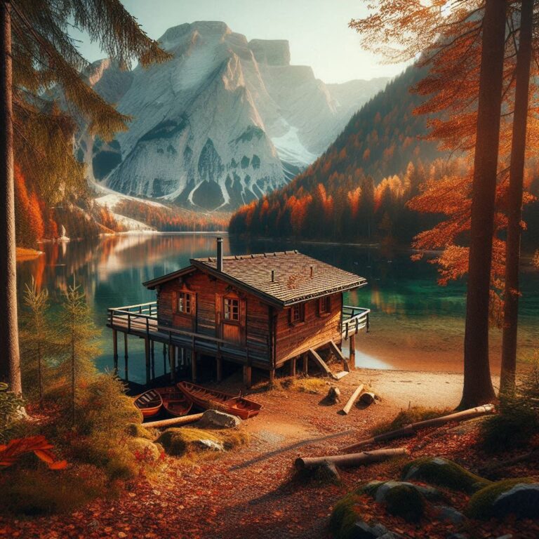 Serene Cabin by Autumn Lake Scene