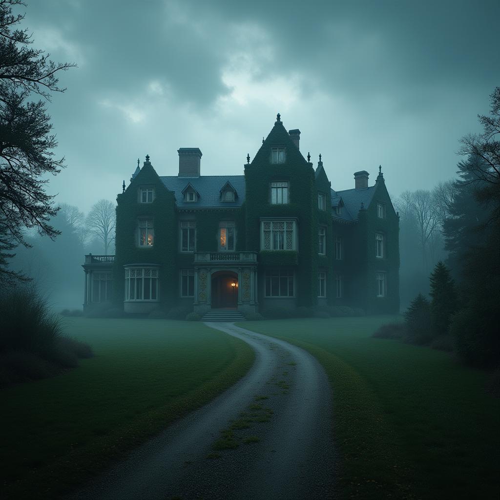 Ivy Clad Mansion Shrouded in Stormy Mist