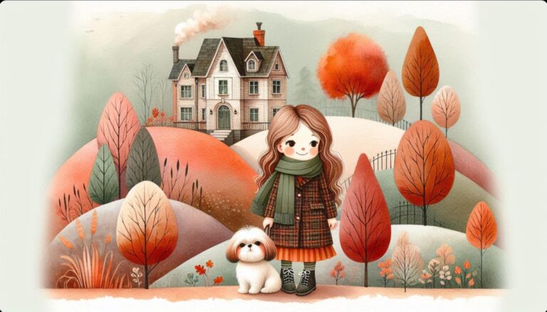 Whimsical Autumn Scene with Girl and Shih Tzu