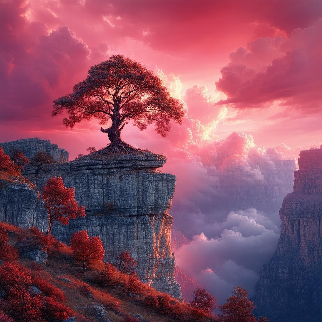 Fresco Tree on a Cliff Amid Crimson Clouds
