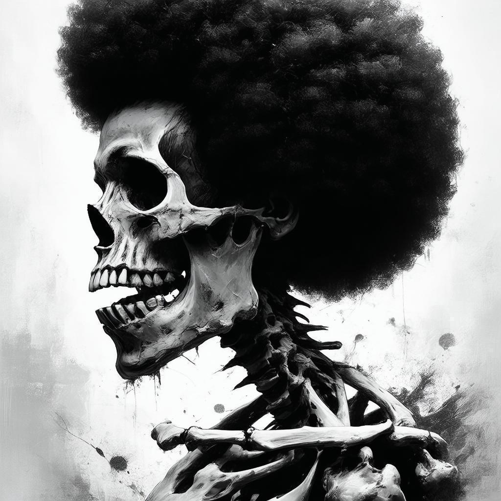 Grinning Skeleton With an Afro in Monochrome