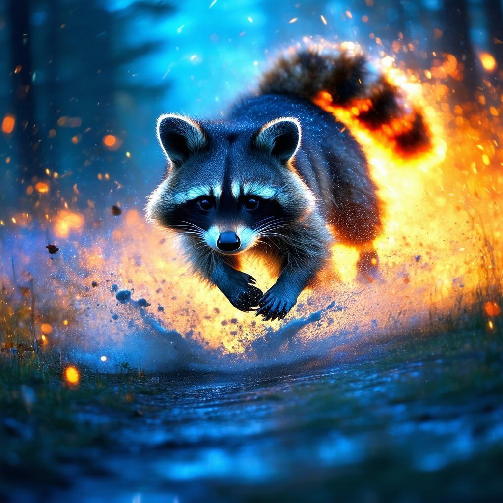 Manga Raccoon Leaping Through a Starburst Night
