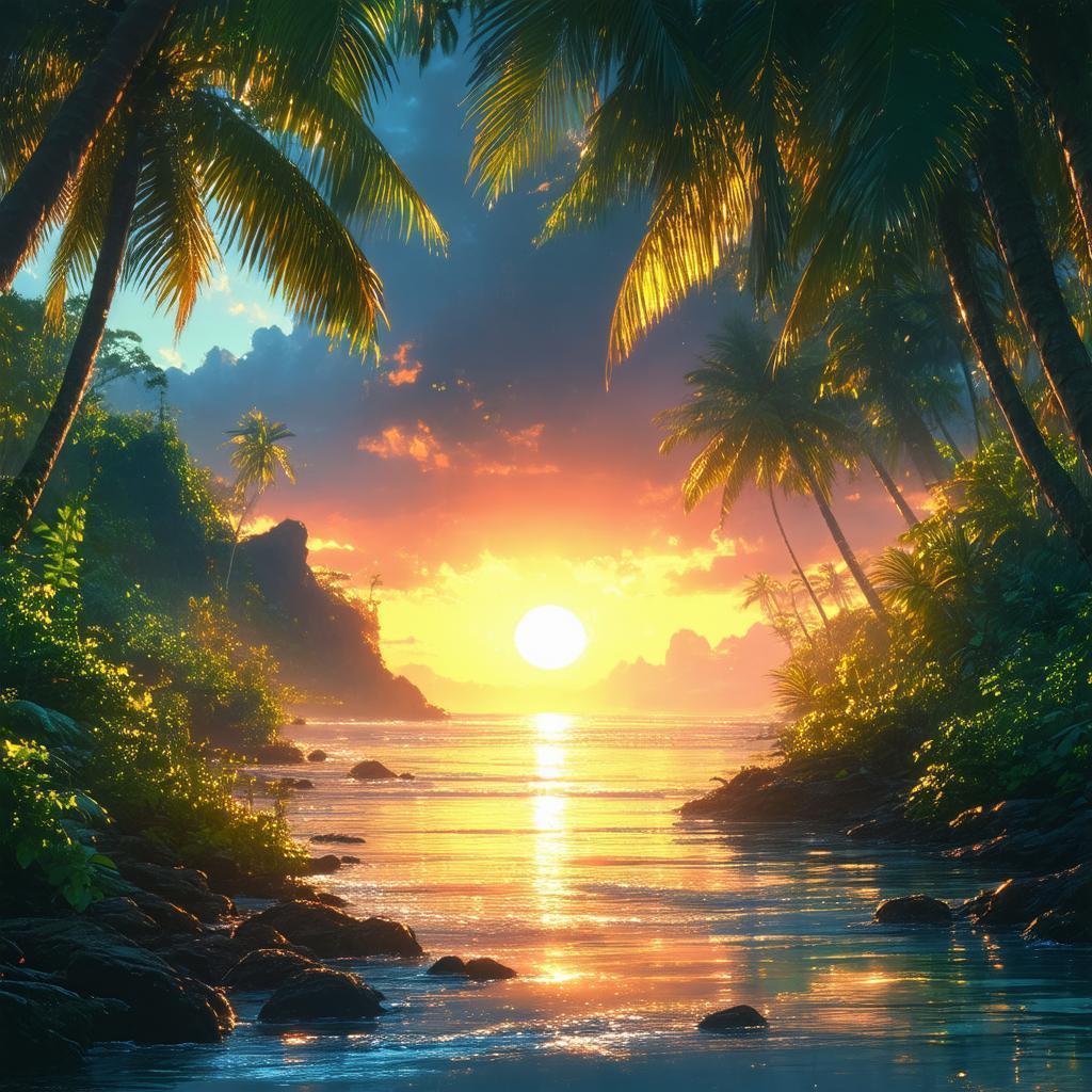 Ghibli Inspired Tropical Sunset in Golden Harmony