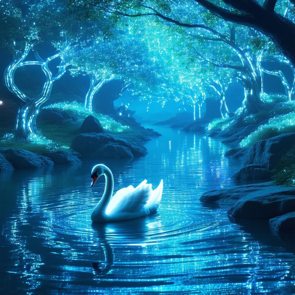 Neon Swan Gliding on a Cybernetic River
