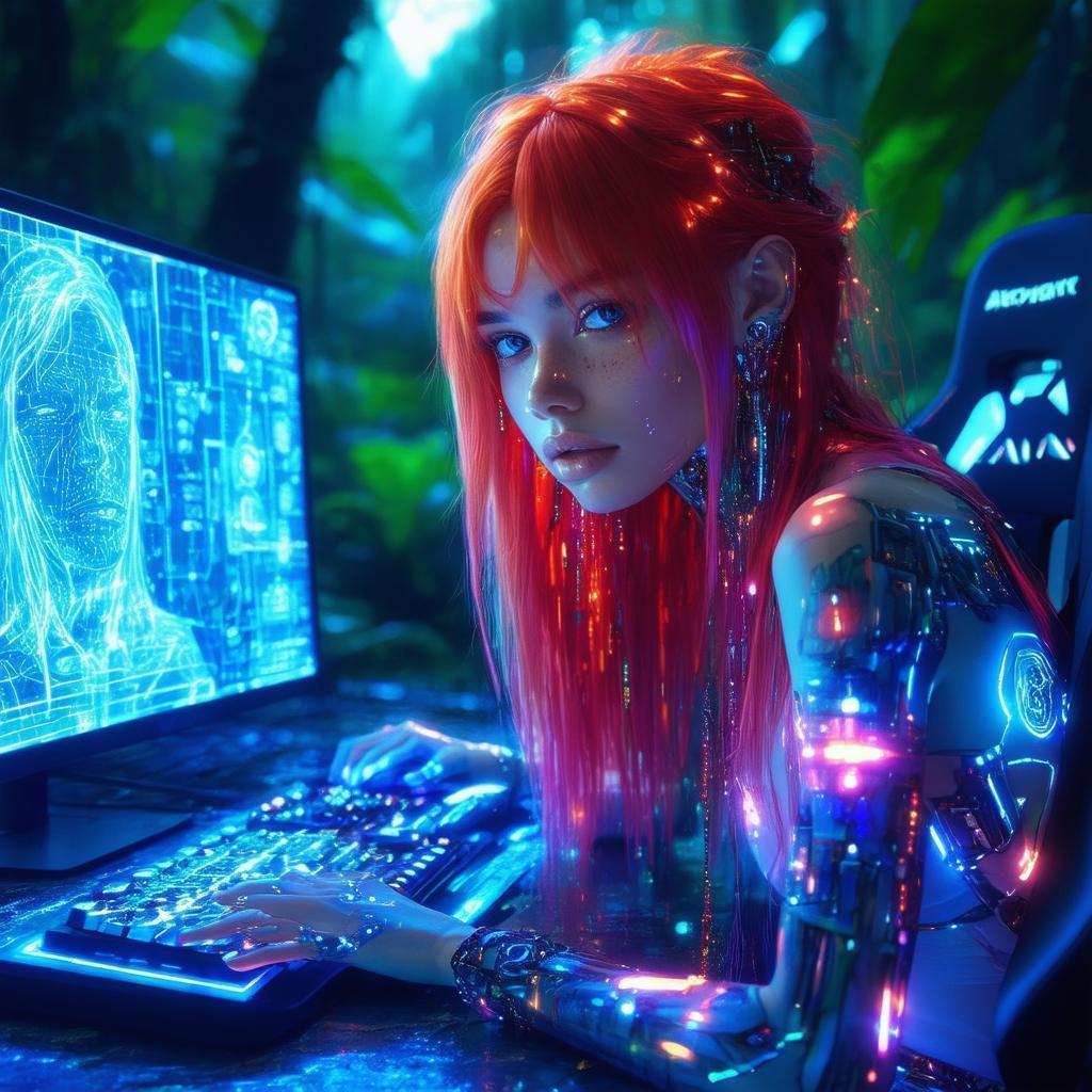 Neon Tattooed Teen Coding in Bioluminescent Jungle