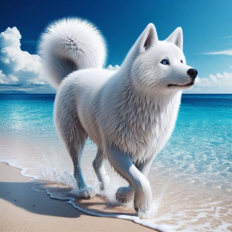 Hyper Realistic White Dog on Beach