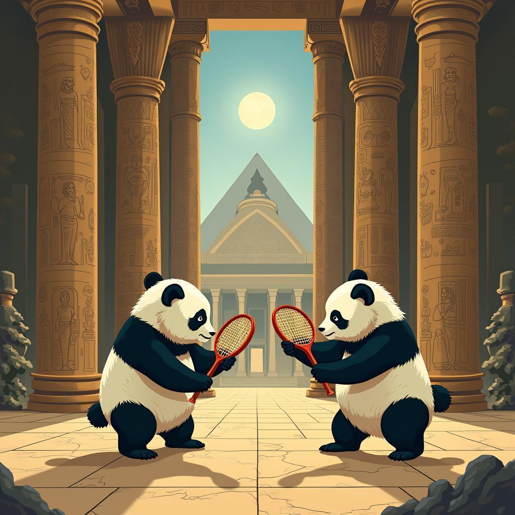 Pandas Playing Tennis in a Hieroglyphic Temple
