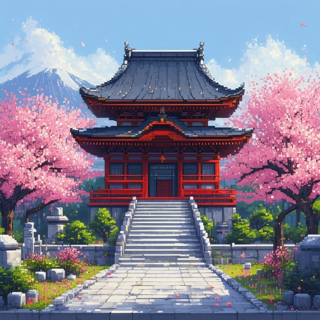 Pixelated Japanese Temple Amid Cherry Blossoms