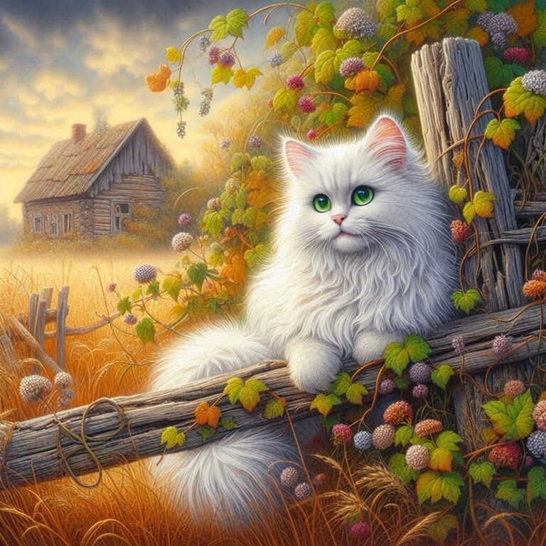 Whimsical Fluffy Cat on Broken Fence