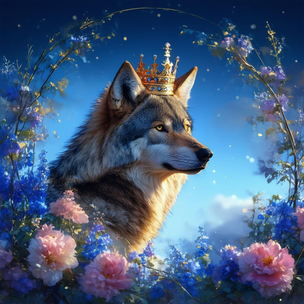 Crowned Golden Wolf in a Floral Frame