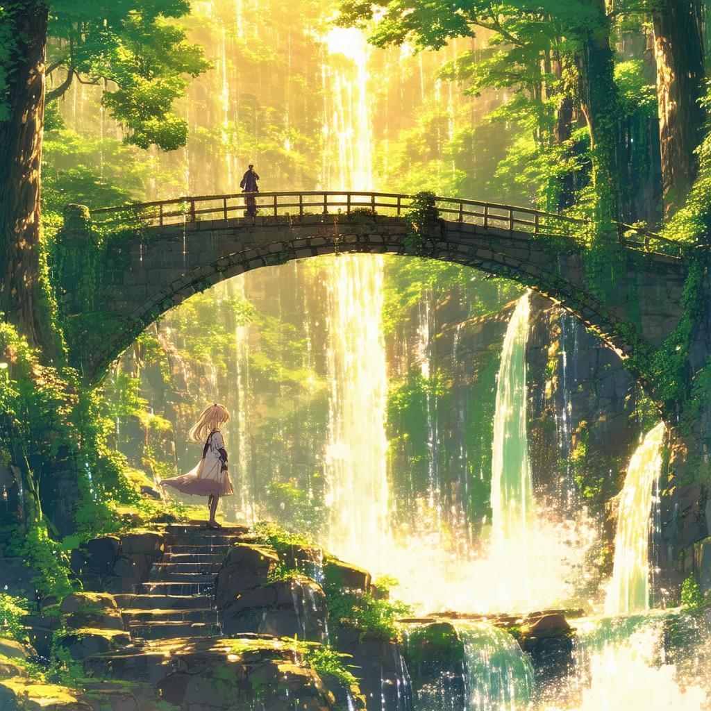 Manga Waterfall Forest With a Blonde Explorer