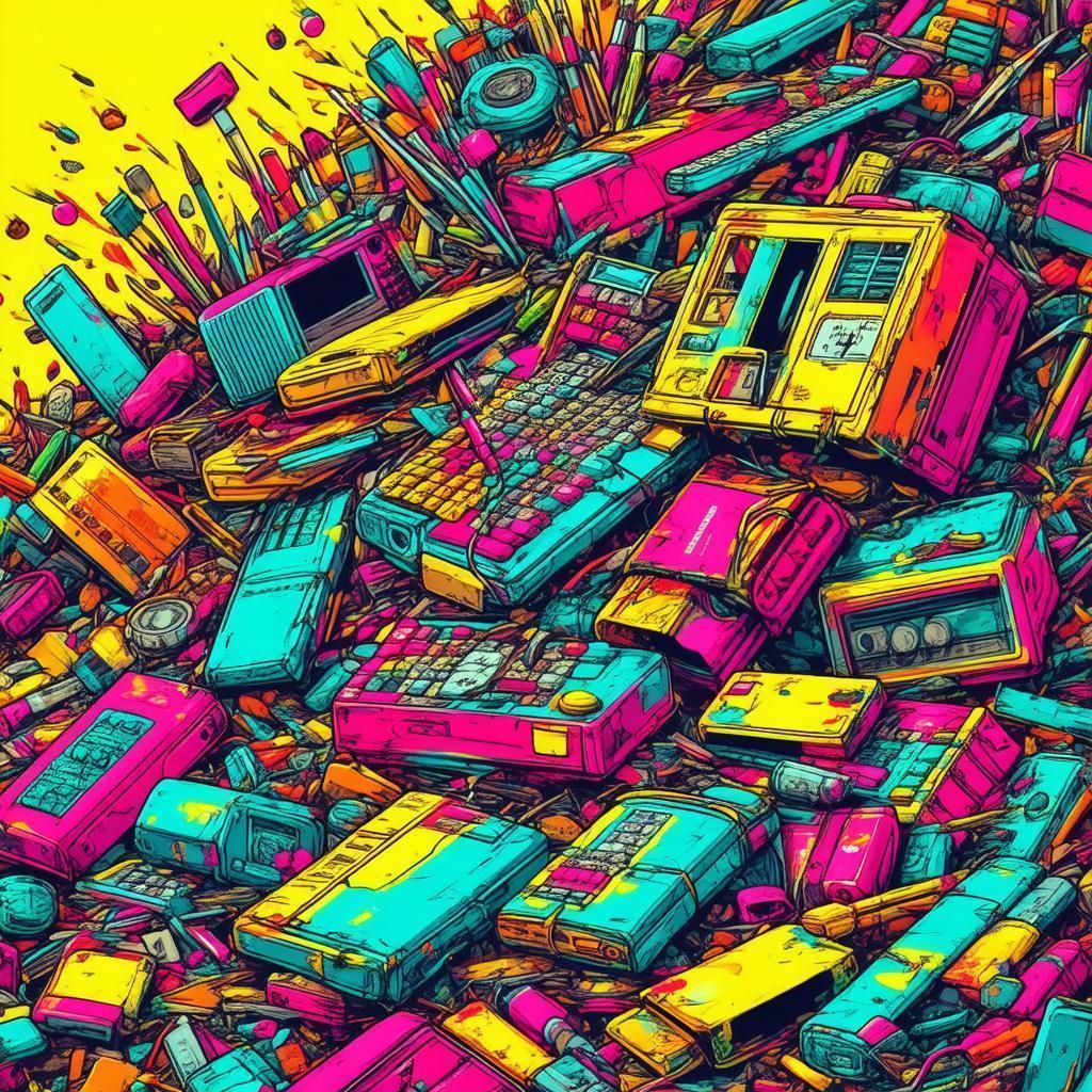 Neon Chaos of Discarded Items in Digital Art