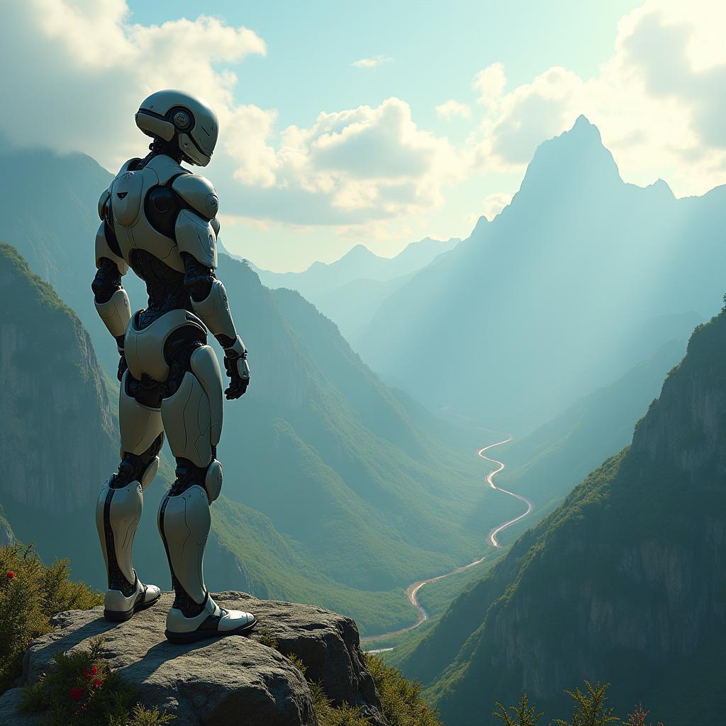 Futuristic Robot Gazing Over Lush Mountains