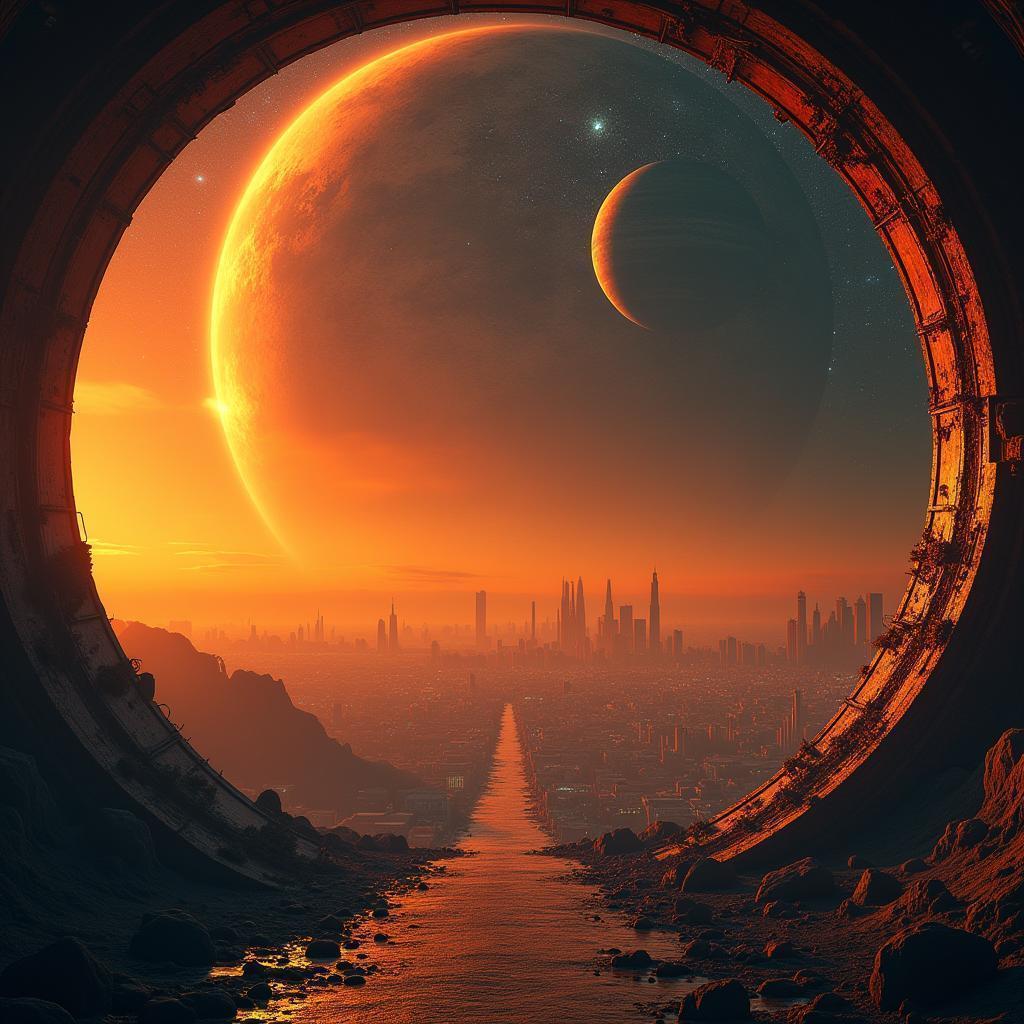 Orange Futuristic City Inside a Starry Sphere