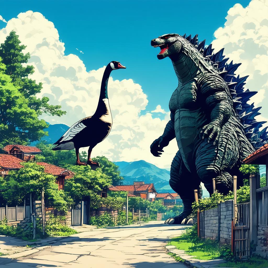 Giant Goose Godzilla Looming Over Serene Village