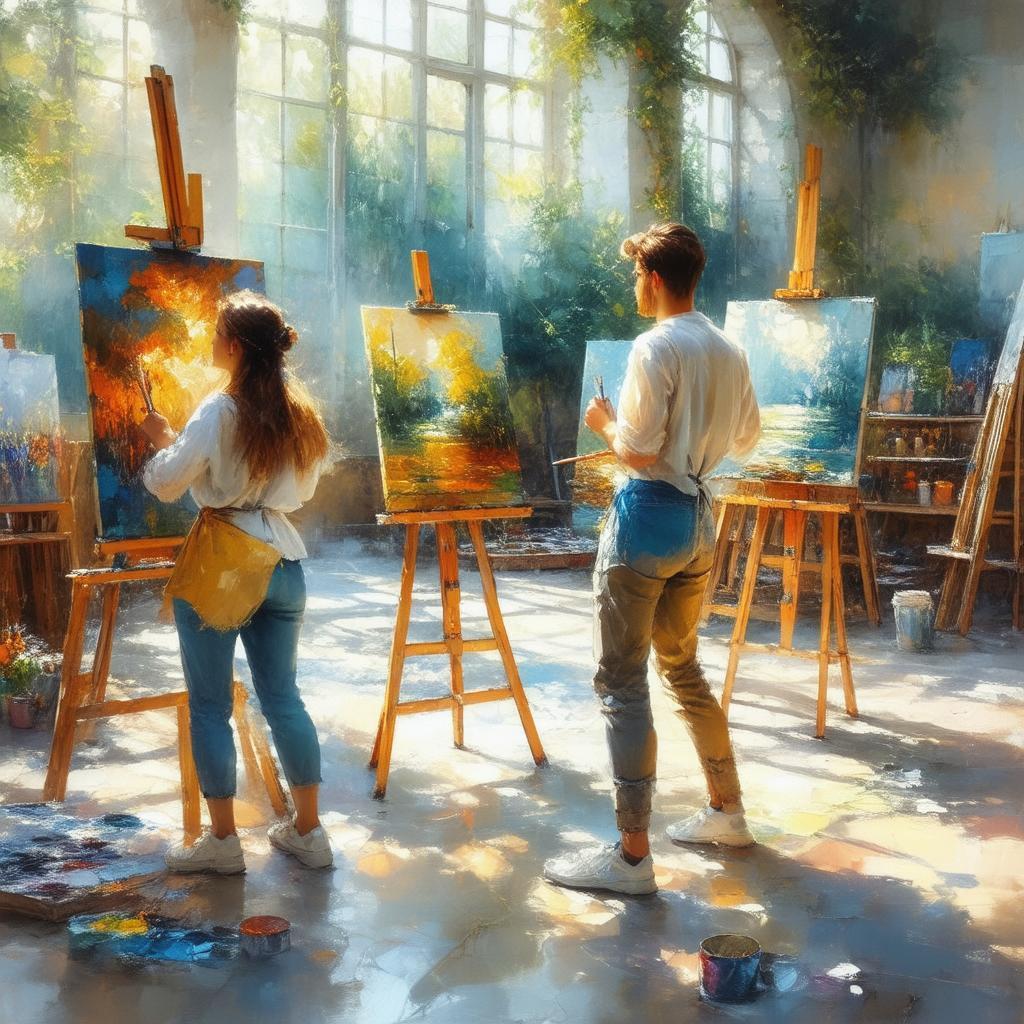 Sunlit Art Studio Alive With Student Painters