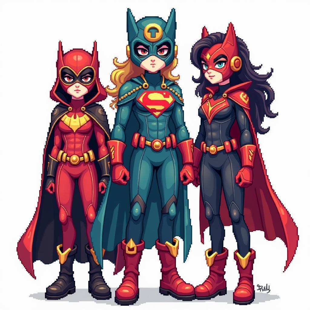 Three Masked Superheroines in Vibrant Pixel Art