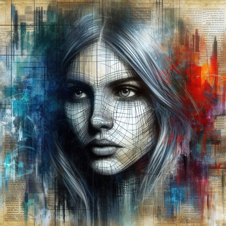 Wireframe Mixed Media Portrait of Woman With Blue Eyes