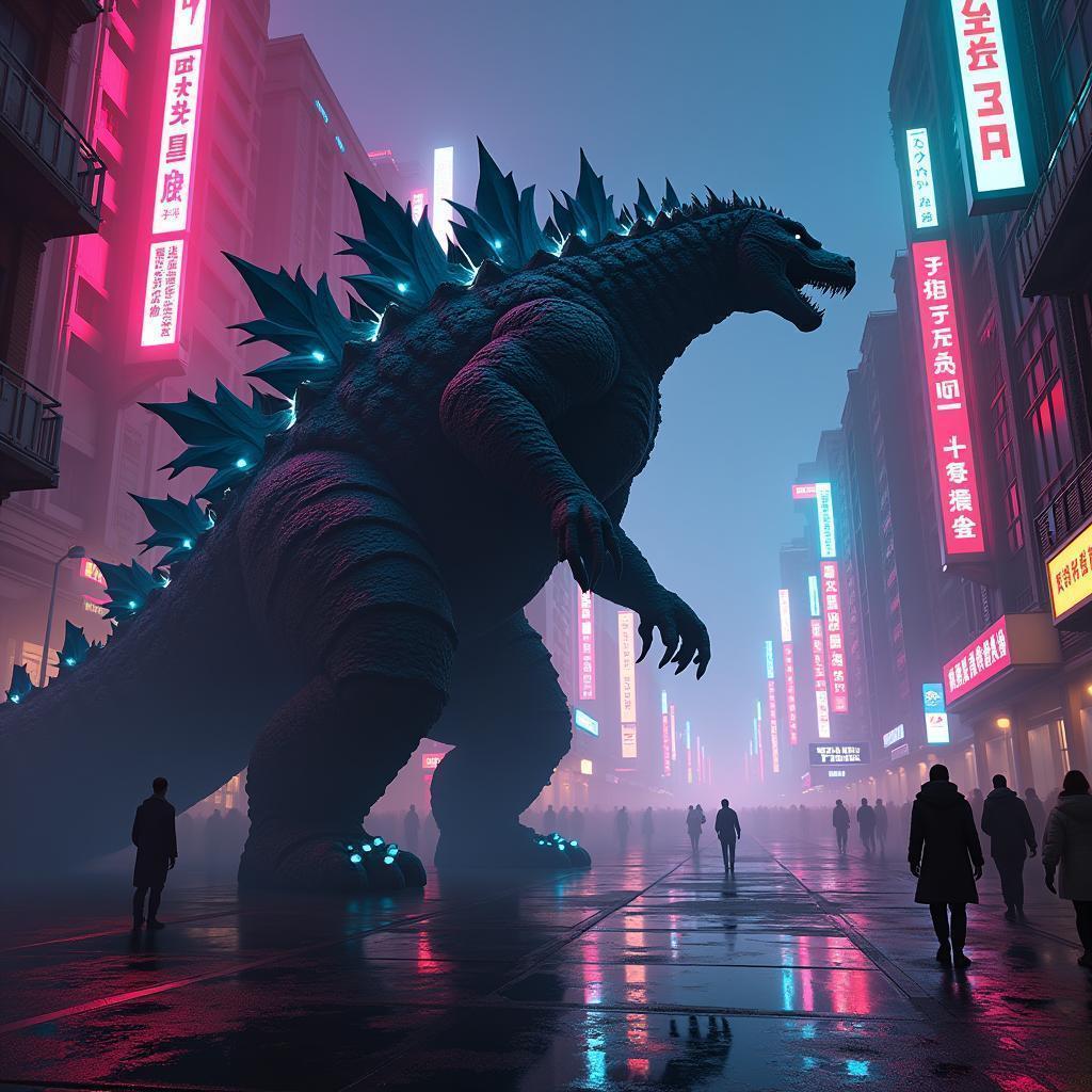 Godzilla Towering Over a Neon Cityscape
