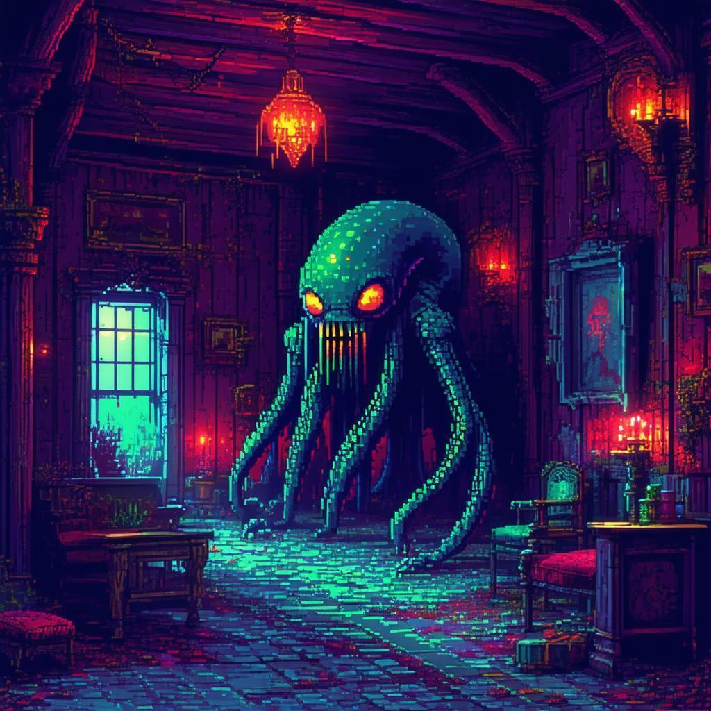 Pixelated Eldritch Cryptid in Impossible Geometry