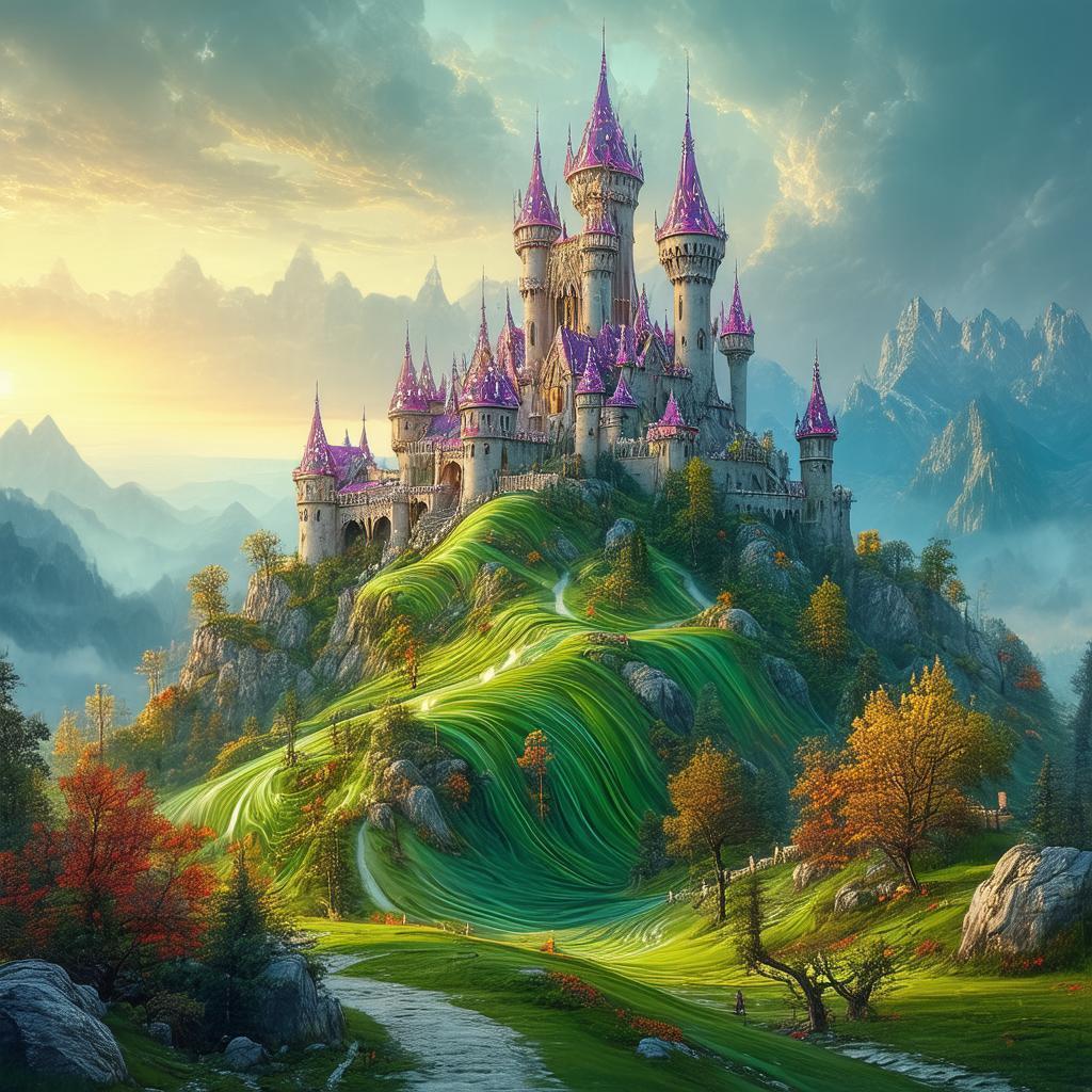 Fantasy Castle Crowning a Swirling Golden Hill
