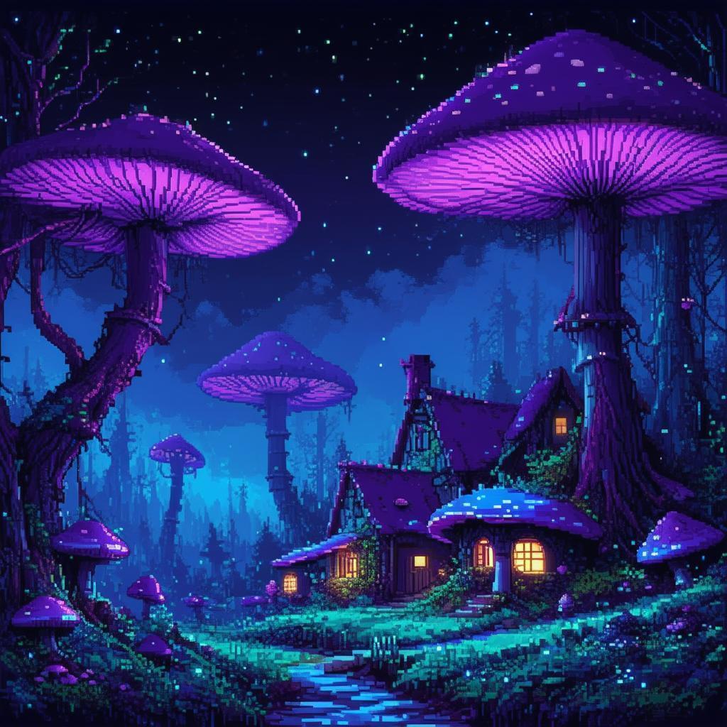 Glowing Mushroom Village Under Magenta Alien Trees