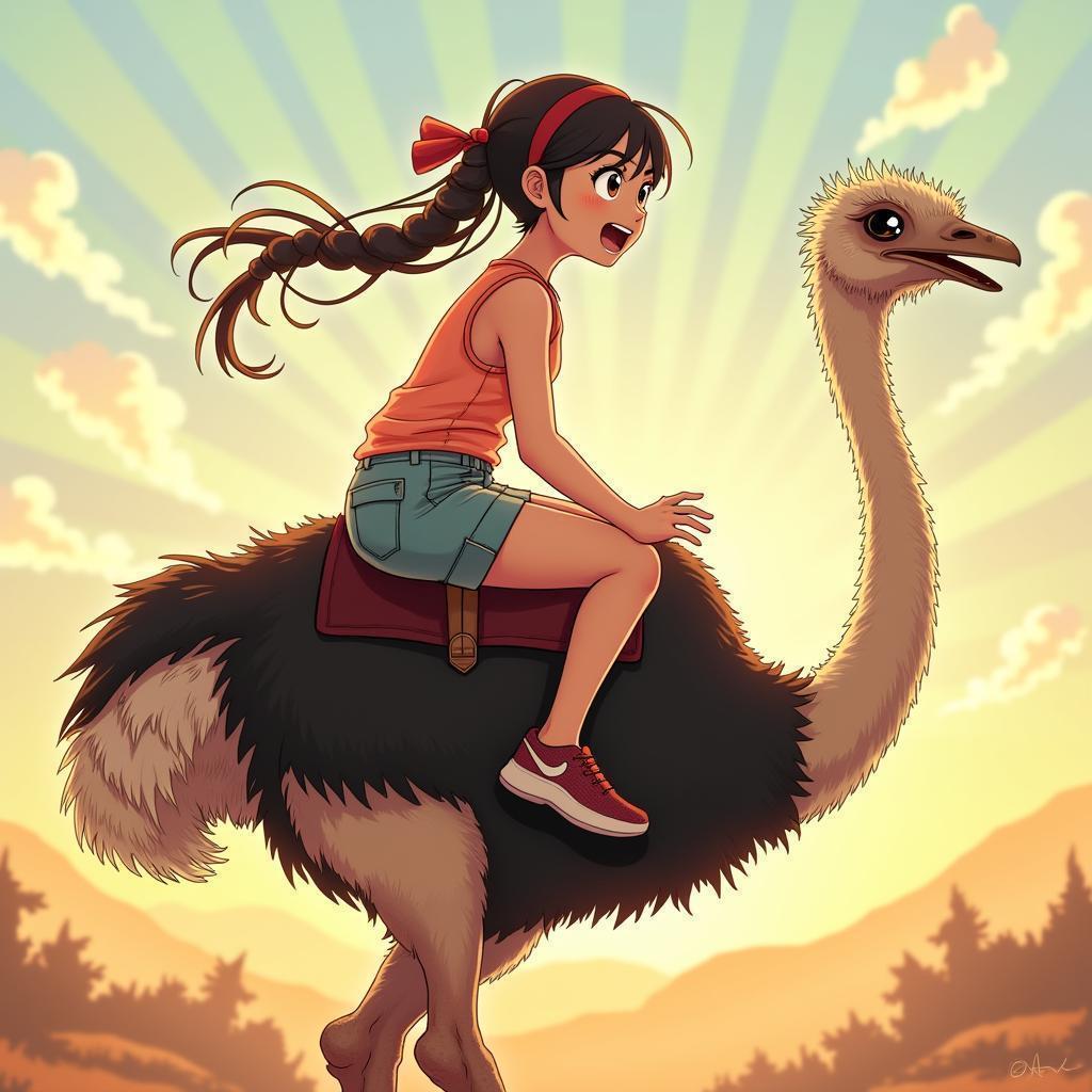 Joyful Girl Riding an Ostrich in Anime