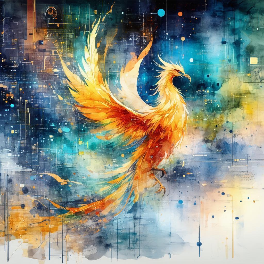 Watercolor Phoenix Rising From Swirling IoT Data