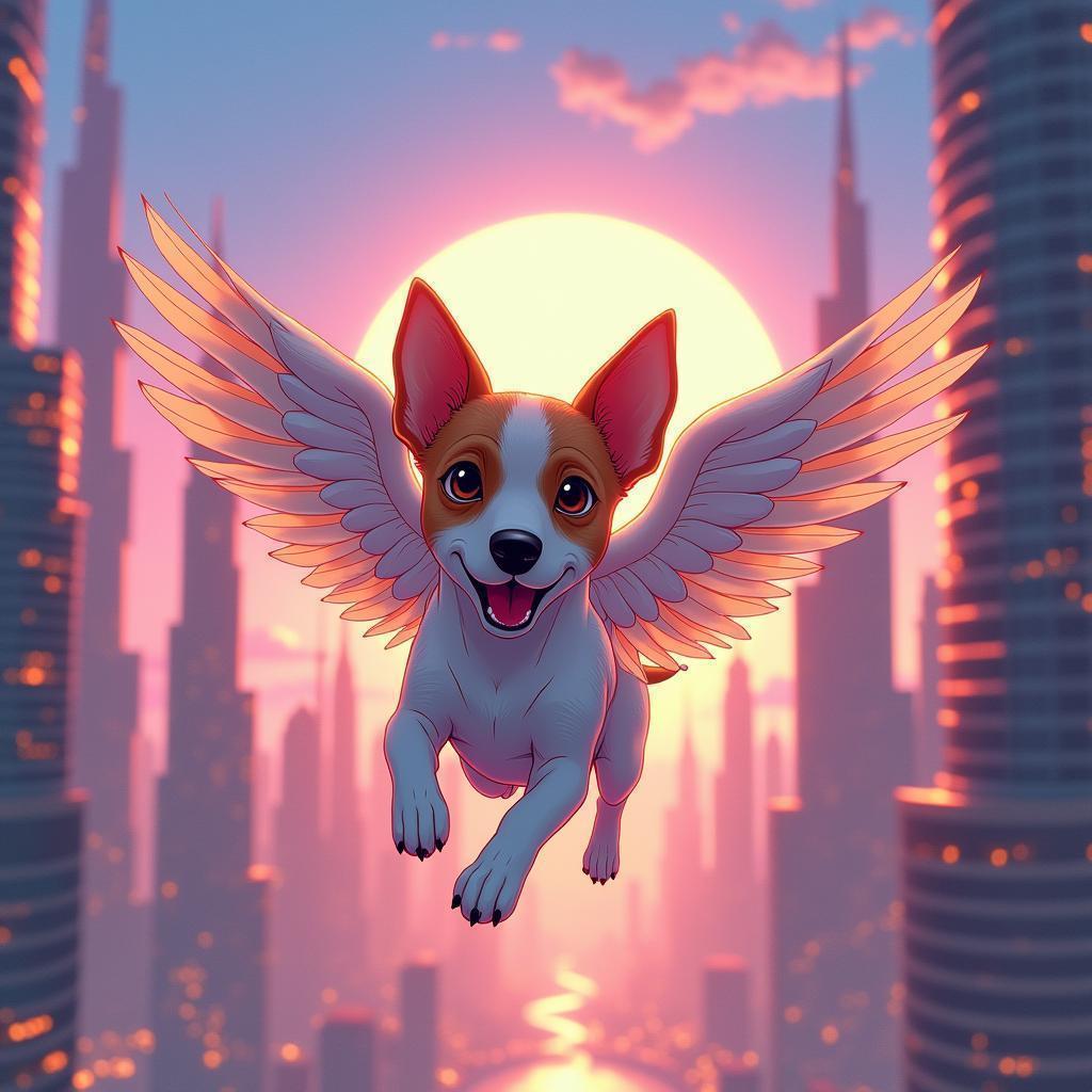 Winged Jack Russell Soaring Over Cyberpunk Dubai