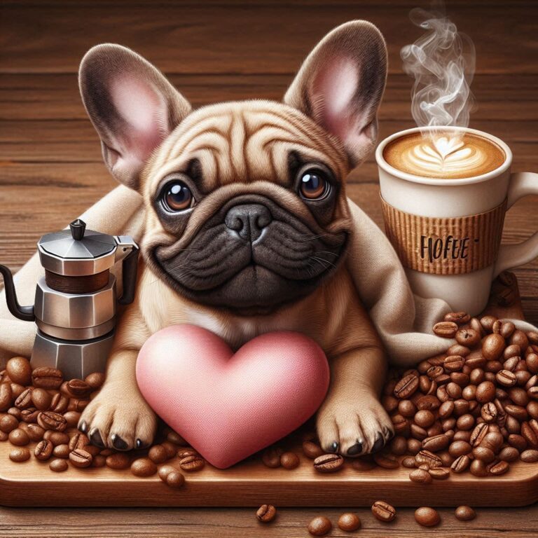 Funny French Bulldog with Heart and Coffee