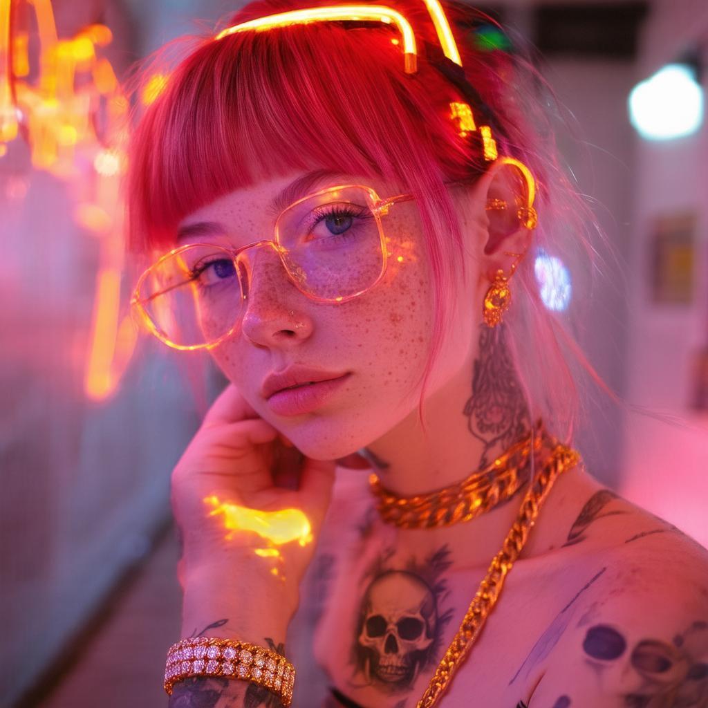 Neon Haired Nerdy Girl With Skull Tattoo
