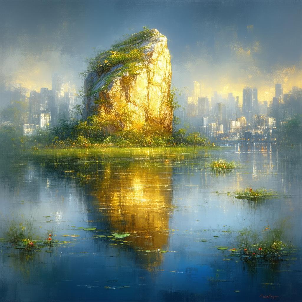 Golden Rock Reflected in an Impressionist Pond