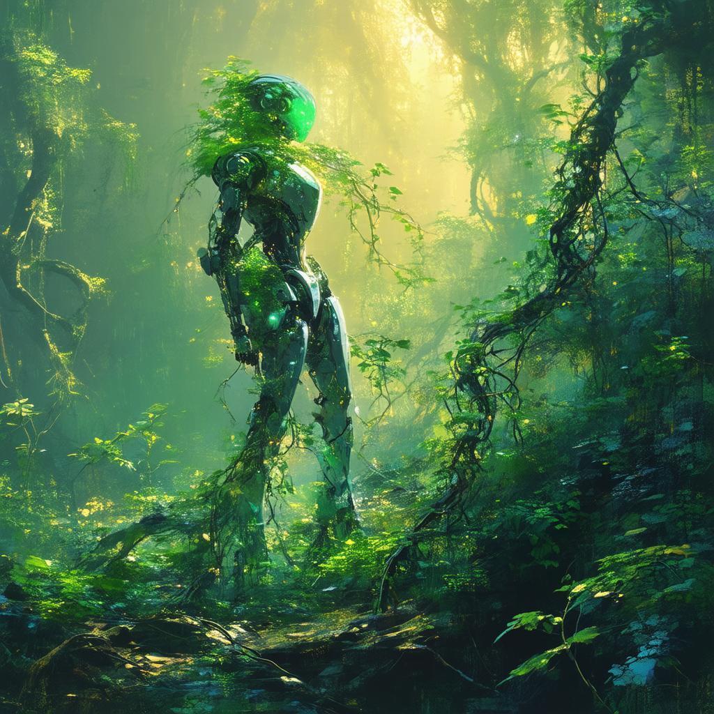 Vine Entwined Robot in Golden Digital Twilight
