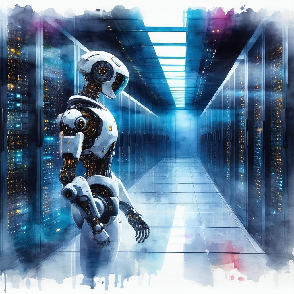 Watercolor Robot Tending a Big Data Center