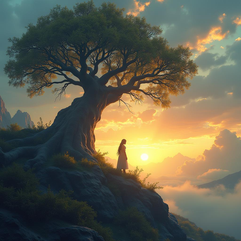 Ethereal Matte Painting of a Gnarled Dream Tree
