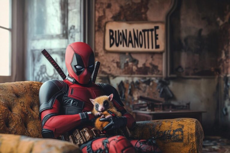 Deadpool with Baby Opossum in Gothic Room
