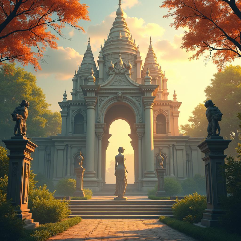 Serene Temple Statue Dance in Golden Animation