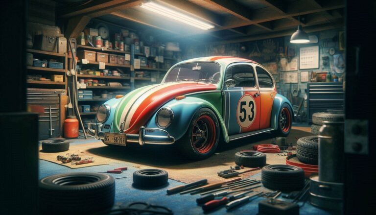 Vibrant Volkswagen Beetle in Cluttered Garage