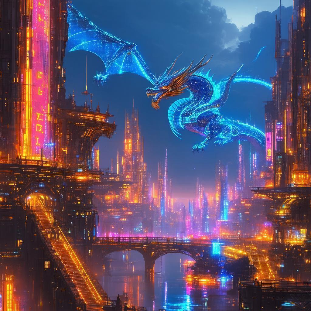 Cyberpunk Skyrim With Holographic Dragons Overhead