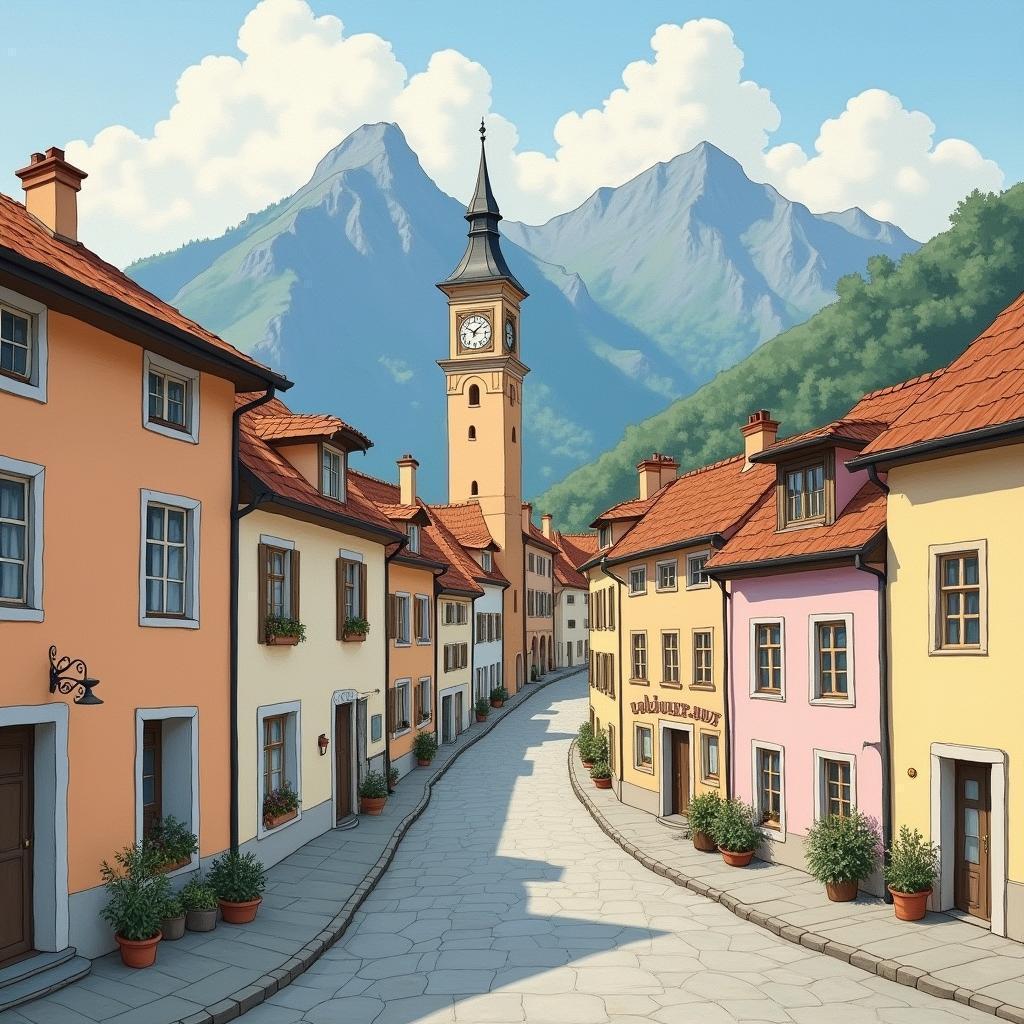 Impressionist European Town in Warm Golden Light