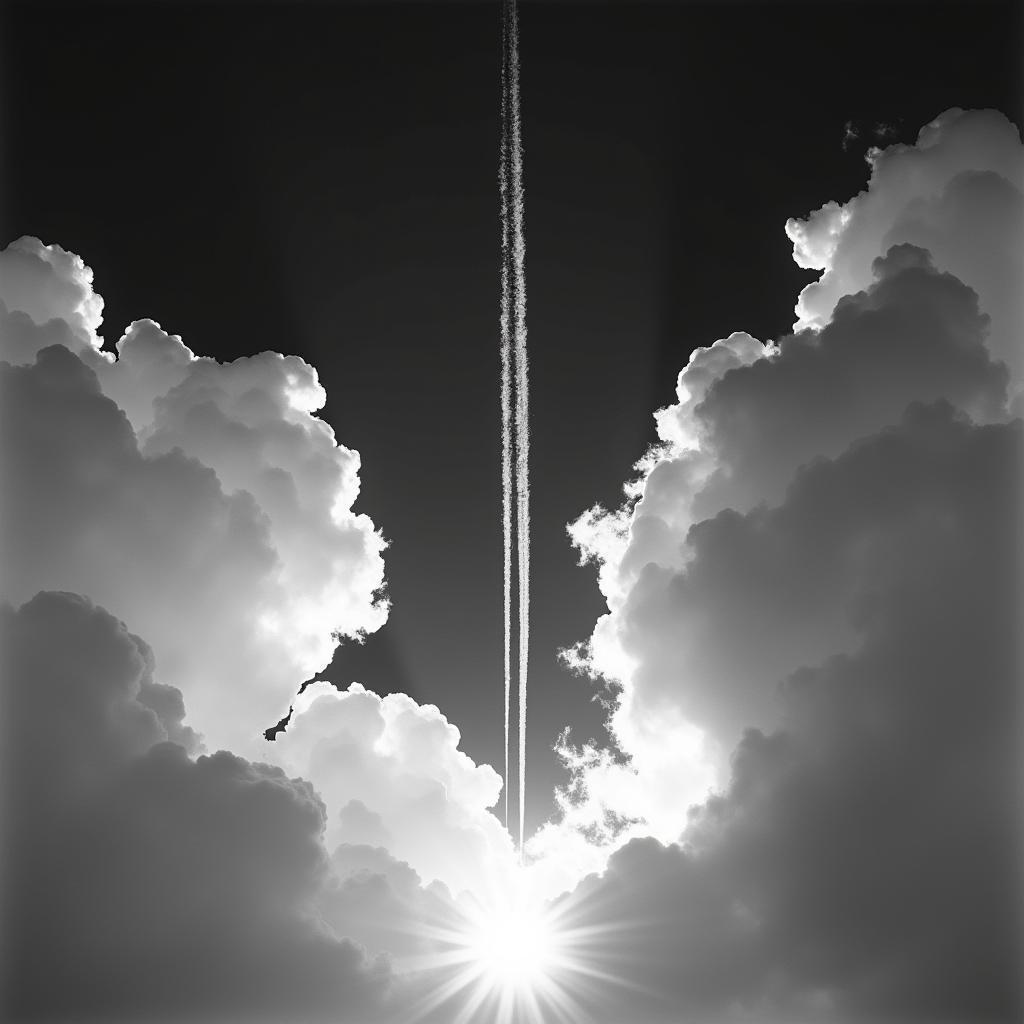 Lone Chemtrail Between Clouds in Monochrome