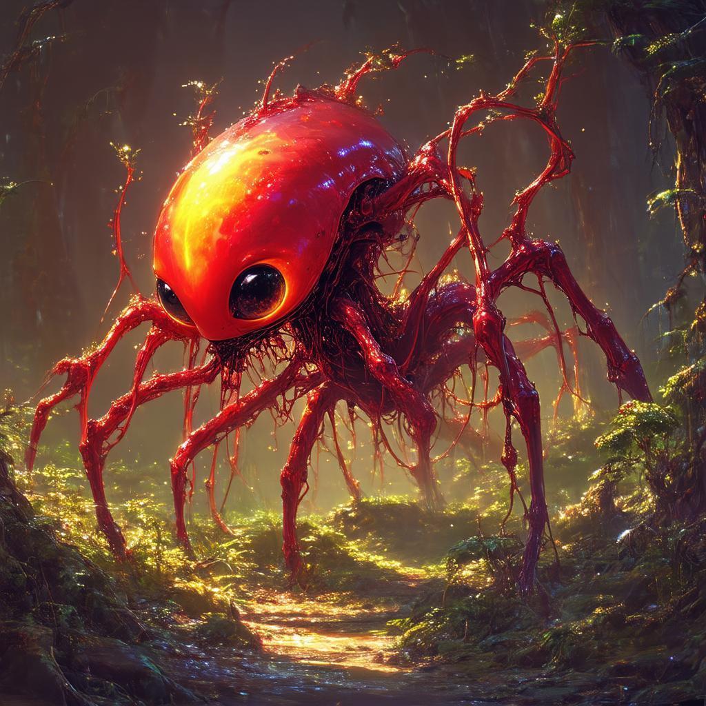Deep Red Alien With Sprouting Ghibli Eyes
